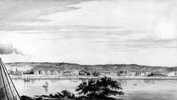 Original title:  "A view of Fredericton, the capital of New Brunswick, before 1820. A quiet town well up the long St. John River". Perhaps the earliest known view of Fredericton, dated ca. 1818, painted in 1925 by Dr. John Clarence Webster from the original in the possession of the Misses Odell of Halifax, and said to have been made by Col. Bradford of the Royal Engineers. Credit: Library and Archives Canada/C-27421. 

Family Heritage.ca - New Brunswick Genealogy - Virtual Gallery of Images of Historic Fredericton, 1800-1880.