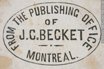 Titre original&nbsp;:  Engraving Commercial stamp of the publishing office of J. C. Becket, Montreal John Henry Walker (1831-1899) 1850-1885, 19th century Ink on paper on supporting paper - Wood engraving 3.2 x 3.8 cm Gift of Mr. David Ross McCord M930.51.1.525 © McCord Museum Keywords:  commercial (1771) , Print (10661) , Sign and symbol (2669)