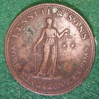 Original title:    Description Lesslie and Sons business token from 19th Century Ontario Canada. Date 7 March 2009, 02:48 Source CANADA, ONTARIO, YORK KINGSTON and DUNDAS 19th C. LESSLIE and SONS HALFPENNY TOKEN b Author Jerry "Woody" from Edmonton, Canada

