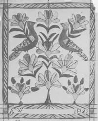 Titre original&nbsp;:  Two Birds in Flowered Tree, by Anna Weber
Source: Anna's art : the fraktur art of Anna Weber, a Waterloo County Mennonite artist, 1814-1888
E. Reginald Good. -- Kitchener : Pochauna Publications, [1976]. -- 48 p. : ill. (some col.) ; 26 cm. -- ISBN 0969063008. -- P. 26
© Public Domain nlc-4385