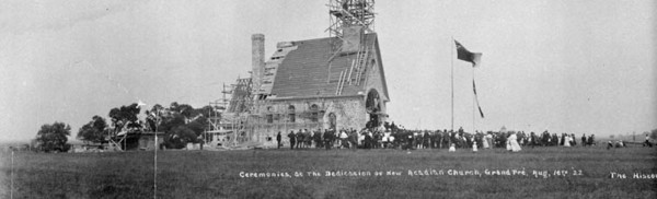 Original title:  MIKAN 3370467 Ceremonies at the Dedication of New Acadian Church, Grand Pré, N.S. The Historic &#34;Land of Evangeline&#34; showing the Beautiful Dominion Atlantic Railway Park. Aug. 16th 1922 [39 KB, 760 X 231]