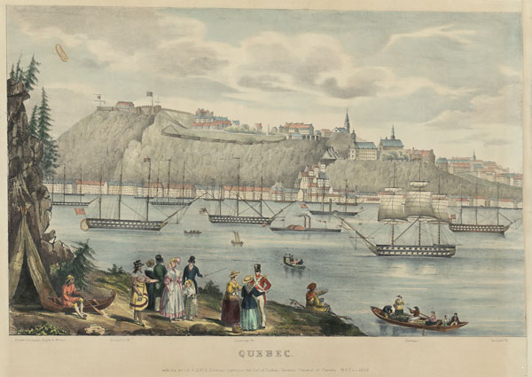 Original title:  MIKAN 3020669 : Quebec with the Arrival of HMS hastings conveying the Earl of Durham, Governor General of Canada, May 1838. 